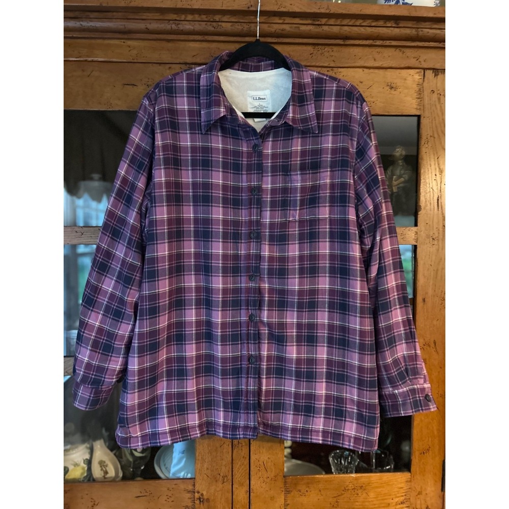 LL Bean Flannel Shirt Jacket Purple Plaid Sherpa Fleece Cotton Shacket Large